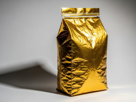 Gold foil coffee bag isolated on white backgroundの素材