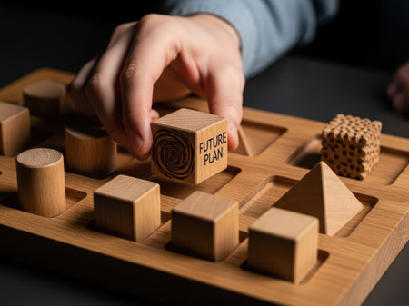 Hand holding wooden block with 'future plan' inscription, isolated on white backgroundの素材