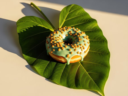 Donut on leaf isolated on white backgroundの素材