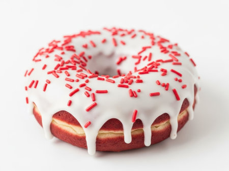 Donut with white icing and red sprinkles isolated on white backgroundの素材