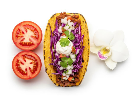 Taco with toppings isolated on white backgroundの素材