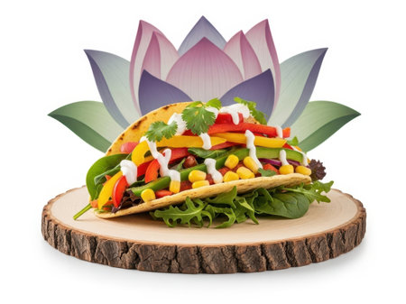 Vibrant taco with vegetables and sauce isolated on white backgroundの素材