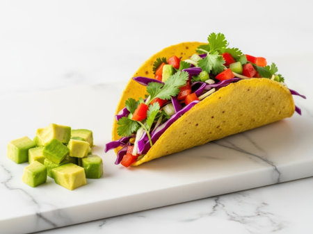 Vibrant taco with avocado and vegetables isolated on white backgroundの素材
