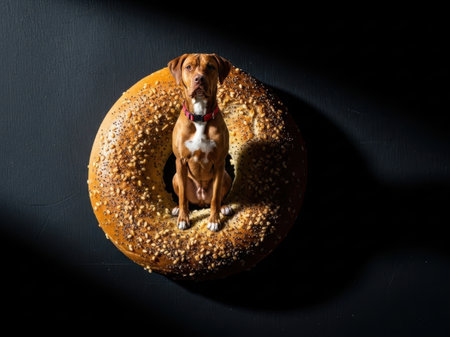 Dog inside donut isolated on white backgroundの素材