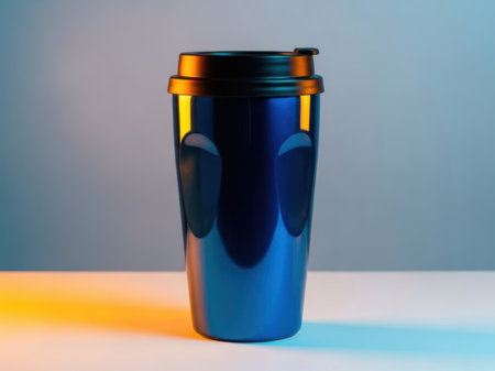 Blue travel mug with lid isolated on white backgroundの素材