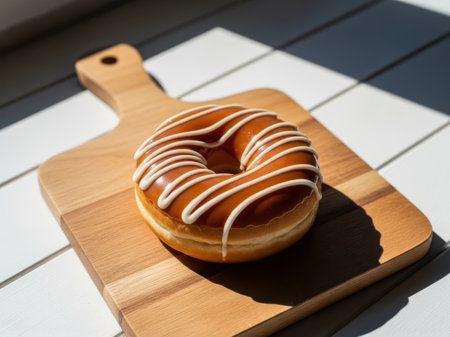 Glazed donut on wooden board isolated on white backgroundの素材