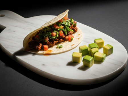 Taco with avocado cubes isolated on white backgroundの素材