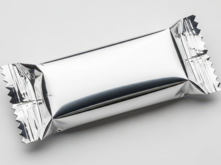 Single chocolate bar wrapped in foil, isolated on white backgroundの素材
