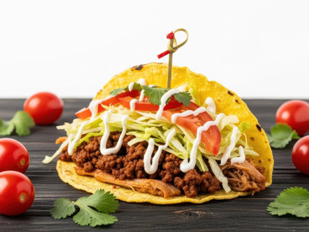 Taco with ground beef and toppings isolated on white backgroundの素材