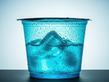 Blue glass cup with water, isolated on white backgroundの素材