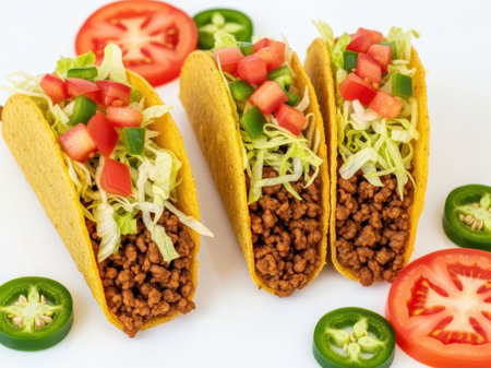 Three tacos with ground beef and vegetables isolated on white backgroundの素材