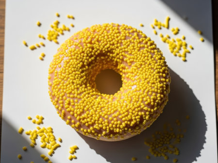 Yellow sprinkled donut isolated on white backgroundの素材