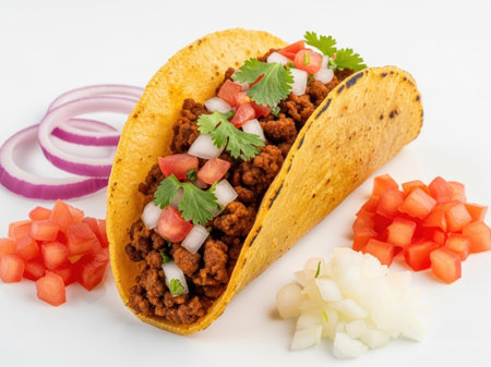 Taco with ground beef and toppings isolated on white backgroundの素材