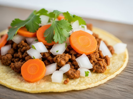 Taco with ground meat, carrots, and onions isolated on white backgroundの素材