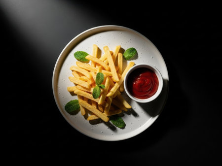 Plate of french fries with ketchup isolated on white backgroundの素材