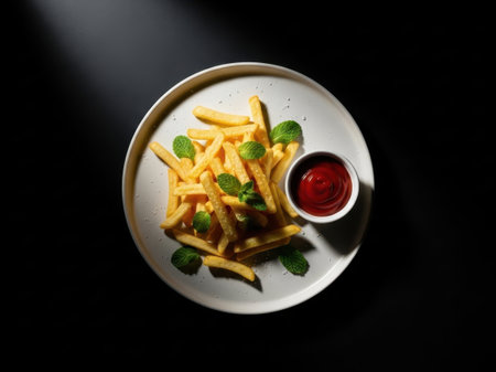 French fries with ketchup and mint, isolated on white backgroundの素材
