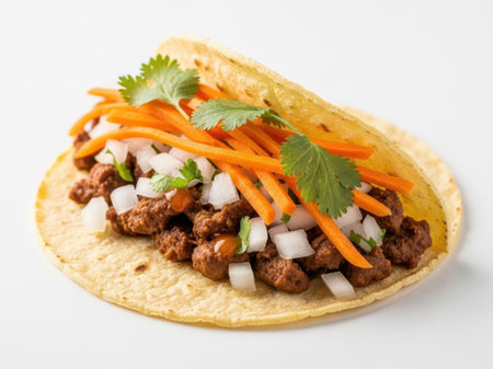 Taco with ground beef, carrots, and cilantro isolated on white backgroundの素材