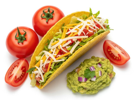 Taco with toppings isolated on white backgroundの素材