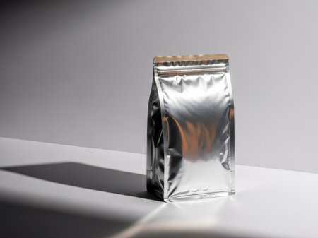 Silver foil coffee bag isolated on white backgroundの素材