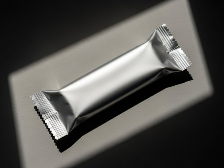 Silver foil wrapped snack bar isolated on white backgroundの素材