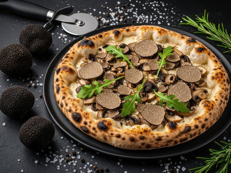 Gourmet pizza with truffles and mushrooms isolated on white backgroundの素材