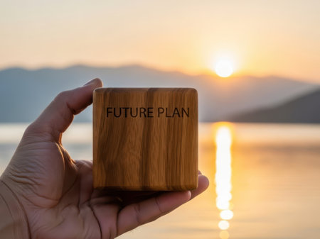 Hand holding wooden block with future plan inscription isolated on white backgroundの素材