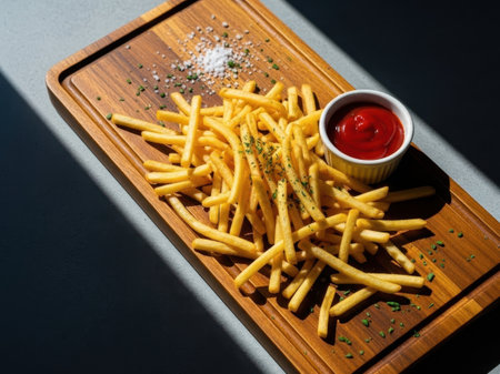 French fries with ketchup and salt isolated on white backgroundの素材