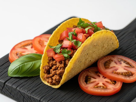 Taco with ground beef and vegetables isolated on white backgroundの素材