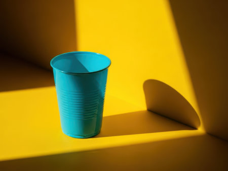 Blue plastic cup isolated on white backgroundの素材