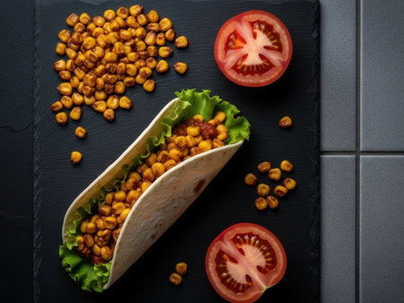 Burrito with corn and tomato isolated on white backgroundの素材