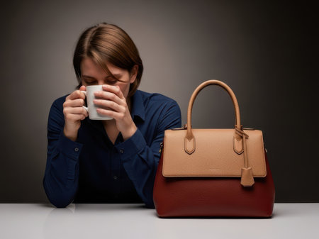 Woman drinking coffee with handbag isolated on white backgroundの素材