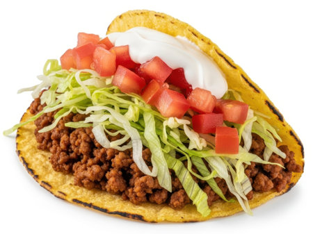 Taco with ground beef, lettuce, tomatoes, and sour cream isolated on white backgroundの素材