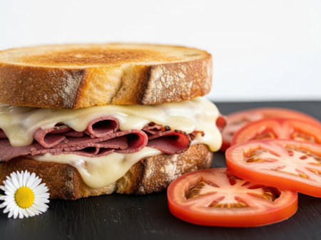 Gourmet sandwich with tomato and cheese, isolated on white backgroundの素材