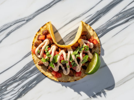 Delicious taco with toppings isolated on white backgroundの素材