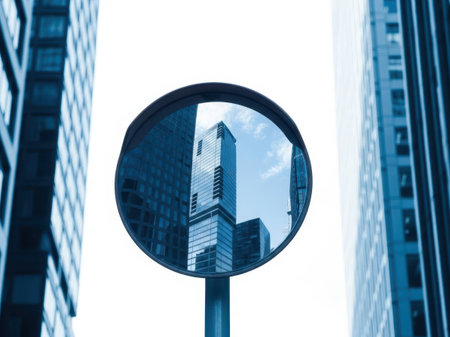 Reflective mirror in urban environment isolated on white backgroundの素材