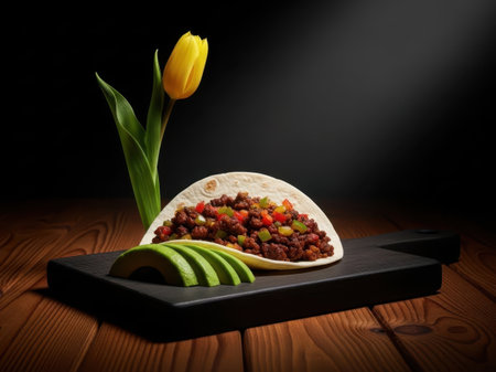Taco and avocado slices with yellow tulip, isolated on white backgroundの素材