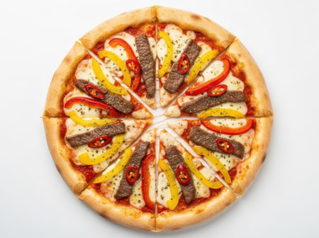 Freshly baked steak and pepper pizza slice, isolated on white backgroundの素材