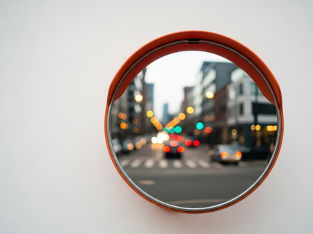 Round convex mirror reflecting street scene, isolated on white backgroundの素材