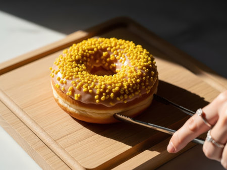 Delicious donut with yellow sprinkles isolated on white backgroundの素材