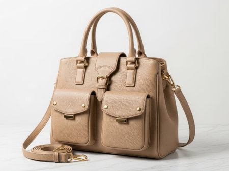 Beige leather handbag with pockets isolated on white backgroundの素材