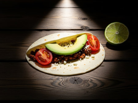 Taco with avocado and tomatoes isolated on white backgroundの素材