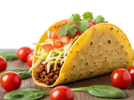 Taco with ground beef and vegetables isolated on white backgroundの素材