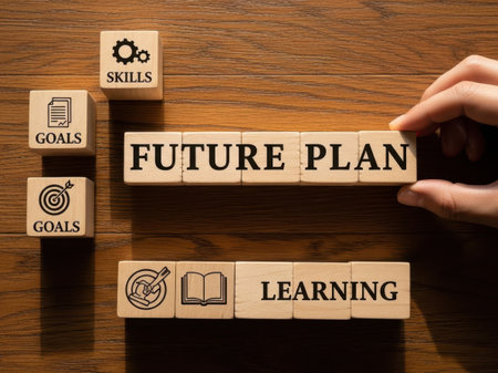 Future plan concept with blocks, isolated on white backgroundの素材