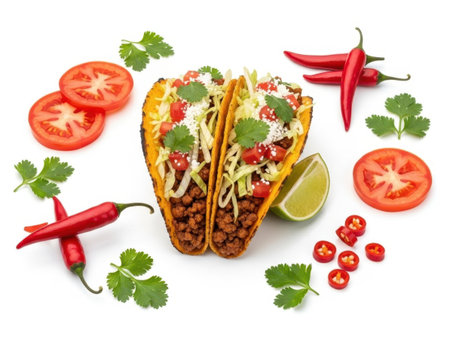 Mexican tacos with toppings isolated on white backgroundの素材