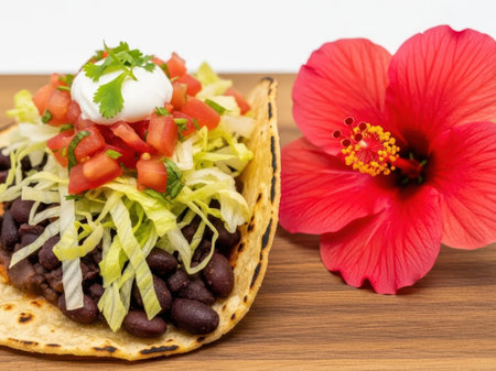 Taco with toppings and flower, isolated on white backgroundの素材