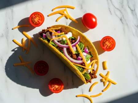 Taco with toppings isolated on white backgroundの素材
