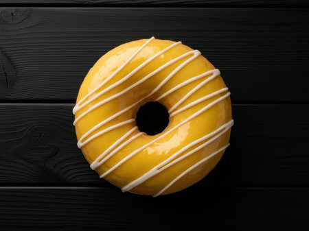 Single yellow donut with white icing isolated on white backgroundの素材