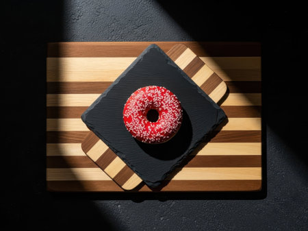 Red sprinkle donut on dark square plate, isolated on white backgroundの素材