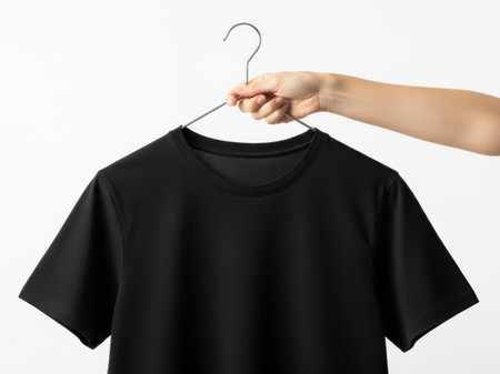 Hand holding black t-shirt on hanger, isolated on white backgroundの素材