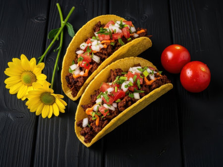 Three tacos with fresh ingredients isolated on white backgroundの素材